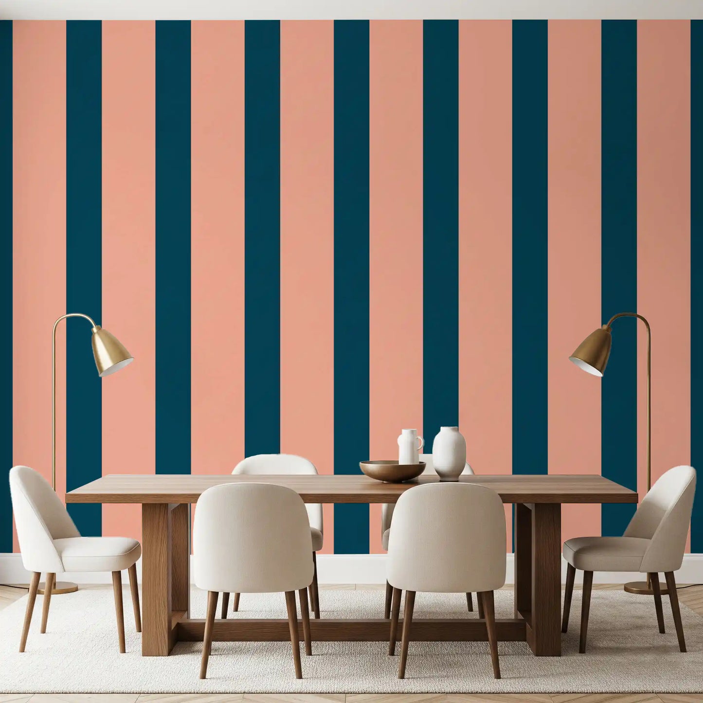 Carta da parati minimalista a strisce color pesca e petrolio