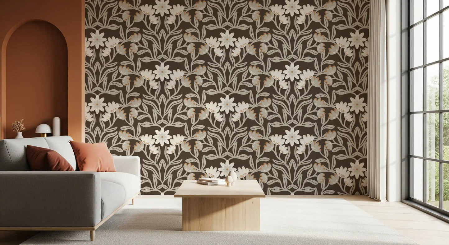 Tapeta botaniczna w kremowo-mokka odcieniach z motywem kratki ze splecionych pnączy