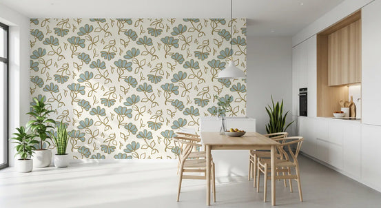 Minimalistische lichtblauwe bloemenlijntekening als behang 恒一