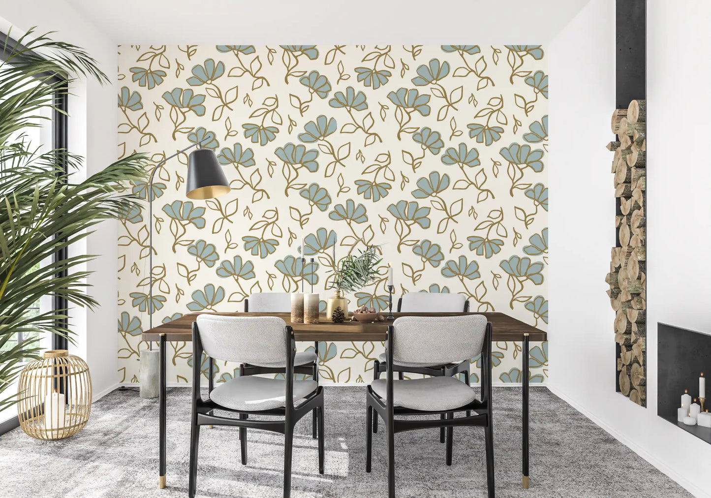Minimalist Soft Blue Floral Line Art Wallpaper⁠