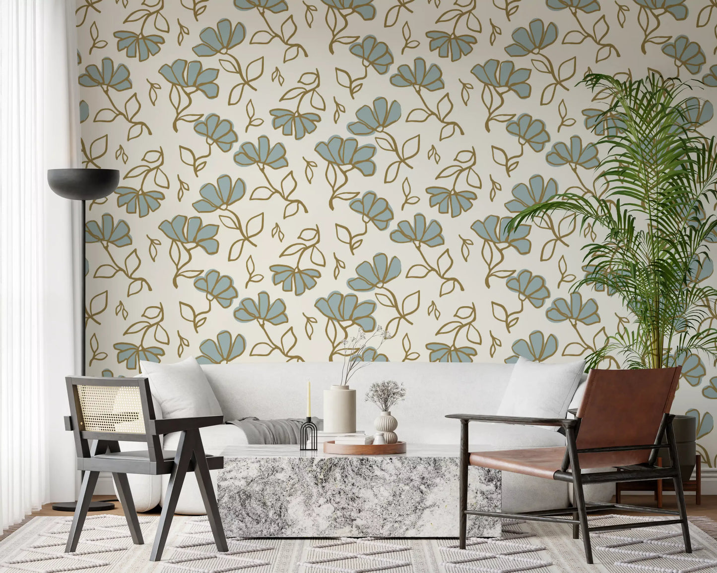 Minimalist Soft Blue Floral Line Art Wallpaper⁠