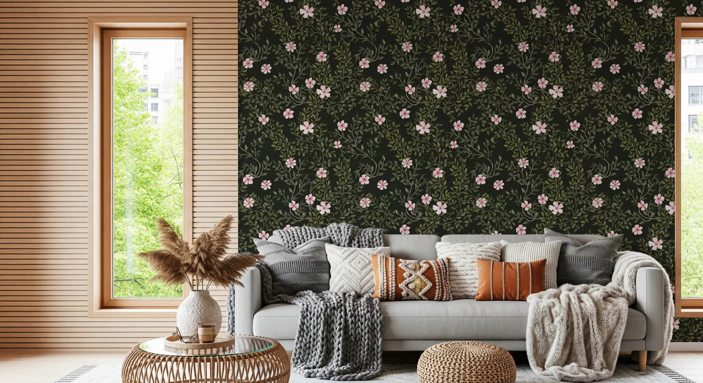 Soft Pink Floral Vines on Charcoal Wallpaper⁠