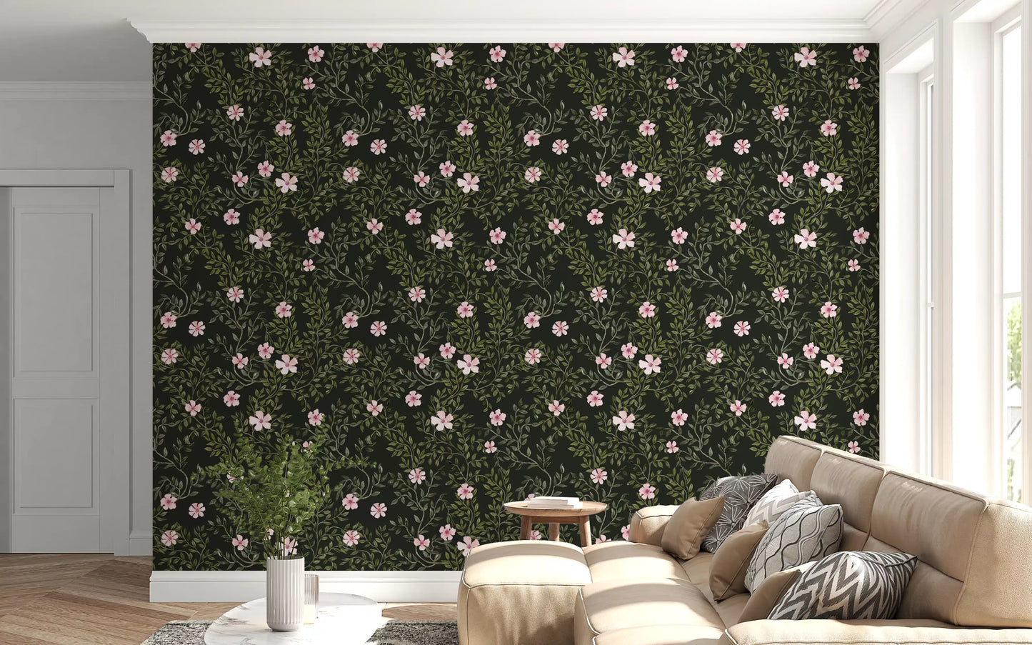 Soft Pink Floral Vines on Charcoal Wallpaper⁠