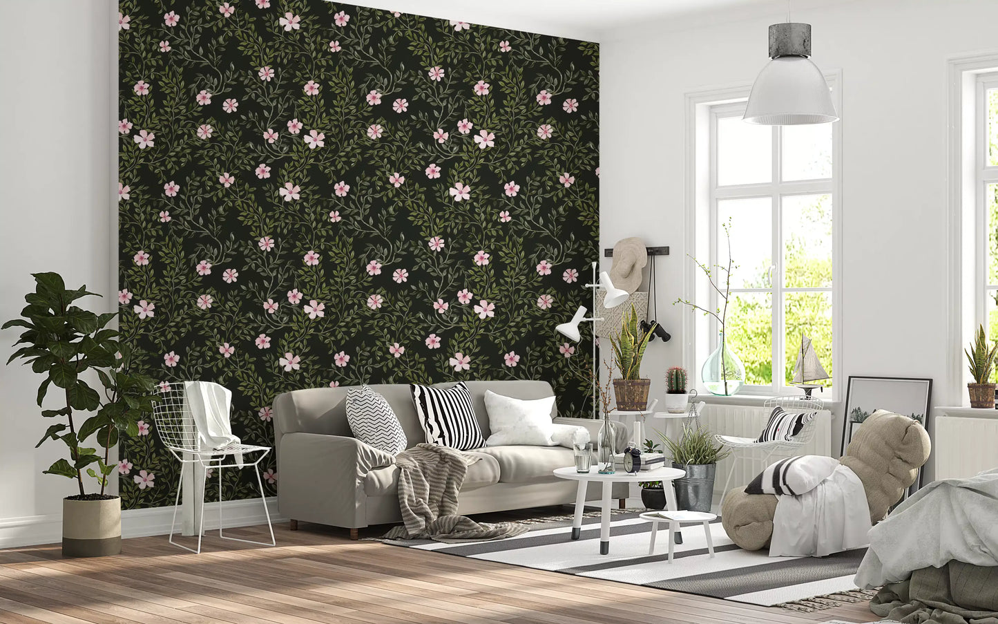 Soft Pink Floral Vines on Charcoal Wallpaper⁠