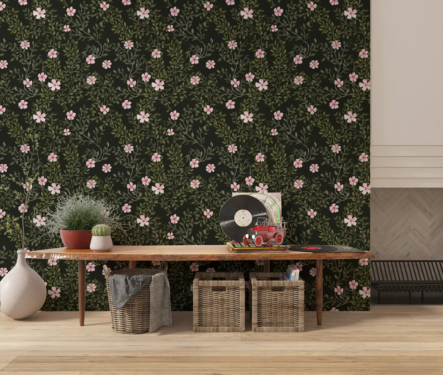 Soft Pink Floral Vines on Charcoal Wallpaper⁠