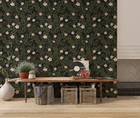 Soft Pink Floral Vines on Charcoal Wallpaper⁠