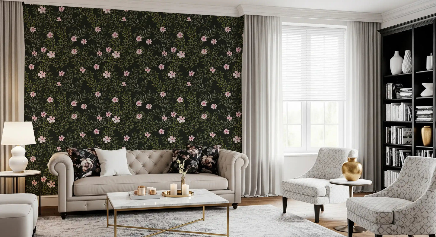 Soft Pink Floral Vines on Charcoal Wallpaper⁠