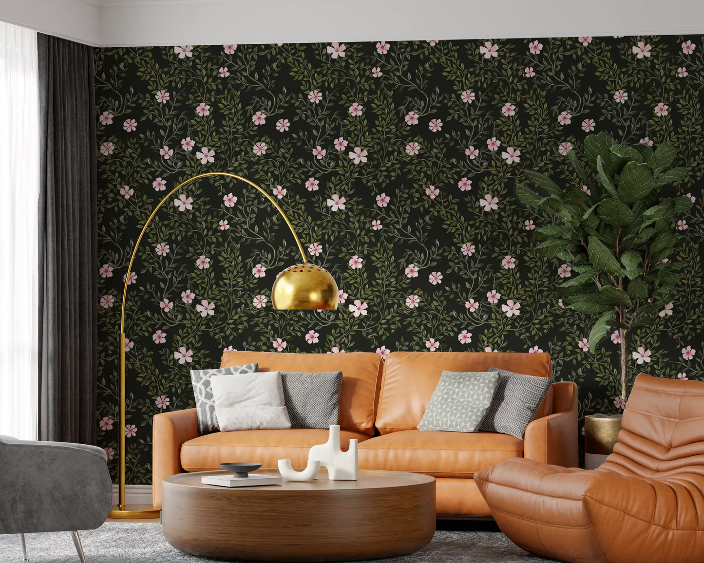Soft Pink Floral Vines on Charcoal Wallpaper⁠