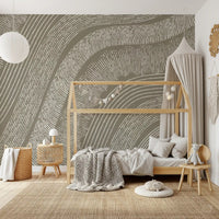 Taupe etched lines wallpaper in a kids room with a house-frame canopy bed GD12471
