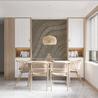Taupe wavy etched lines mural in a dining room with wood table and cane chairs GD12471