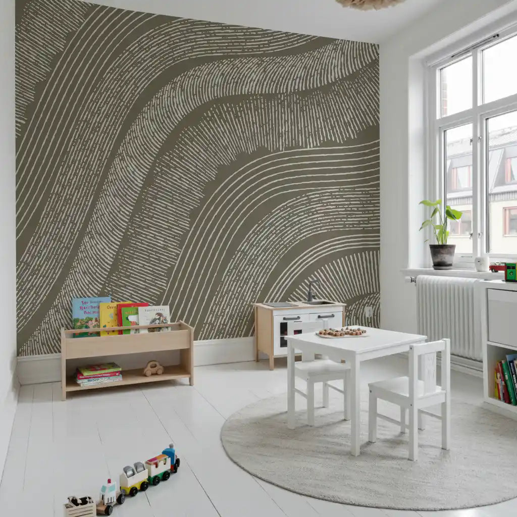 Taupe etched lines wallpaper in a kids playroom with wood play table and toy train GD12471
