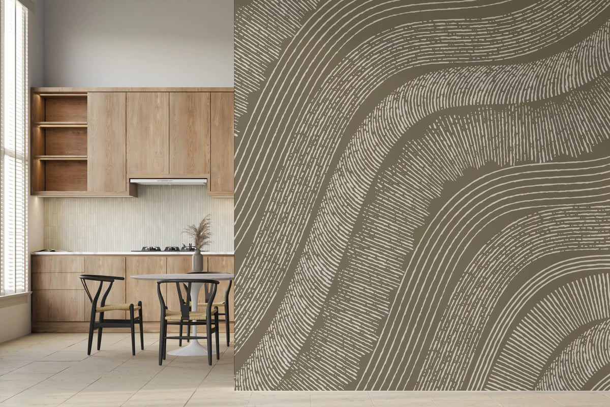 Taupe etched lines wallpaper in a kitchen nook with wood cabinets and black chairs GD12471