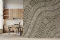 Taupe etched lines wallpaper in a kitchen nook with wood cabinets and black chairs GD12471
