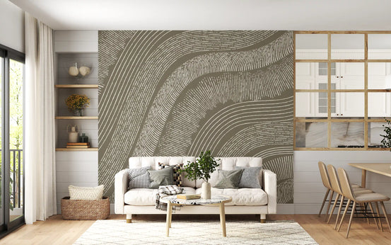 Taupe Wavy Etched Lines Wall Mural