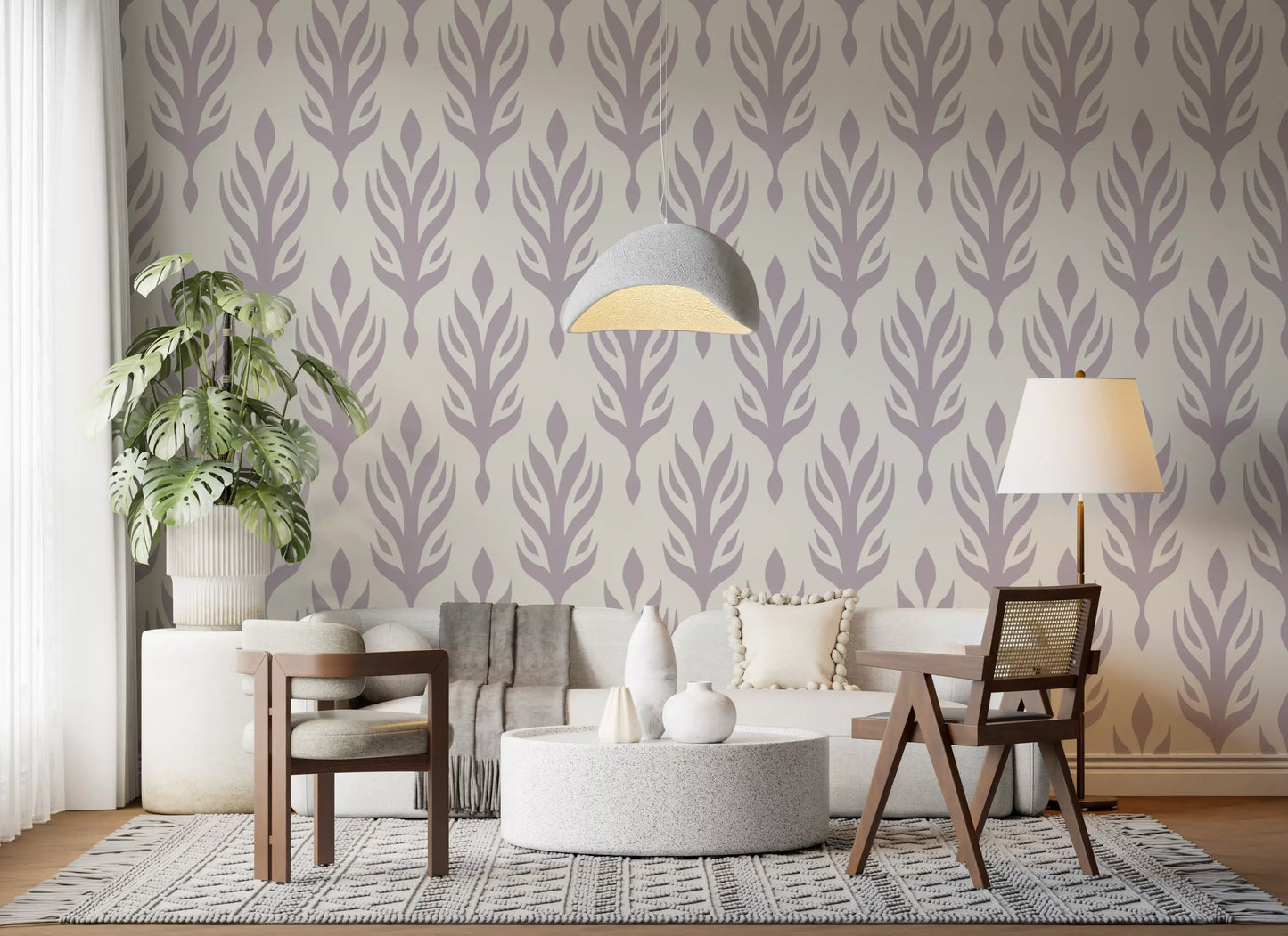 Papel tapiz botánico simétrico en lavanda suave