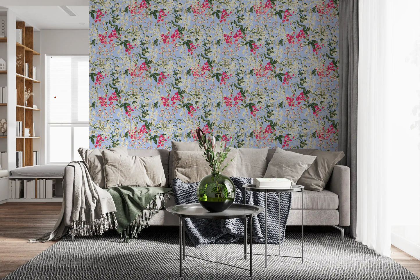 Levendig bloemenbehang met tuintafereel in een weide