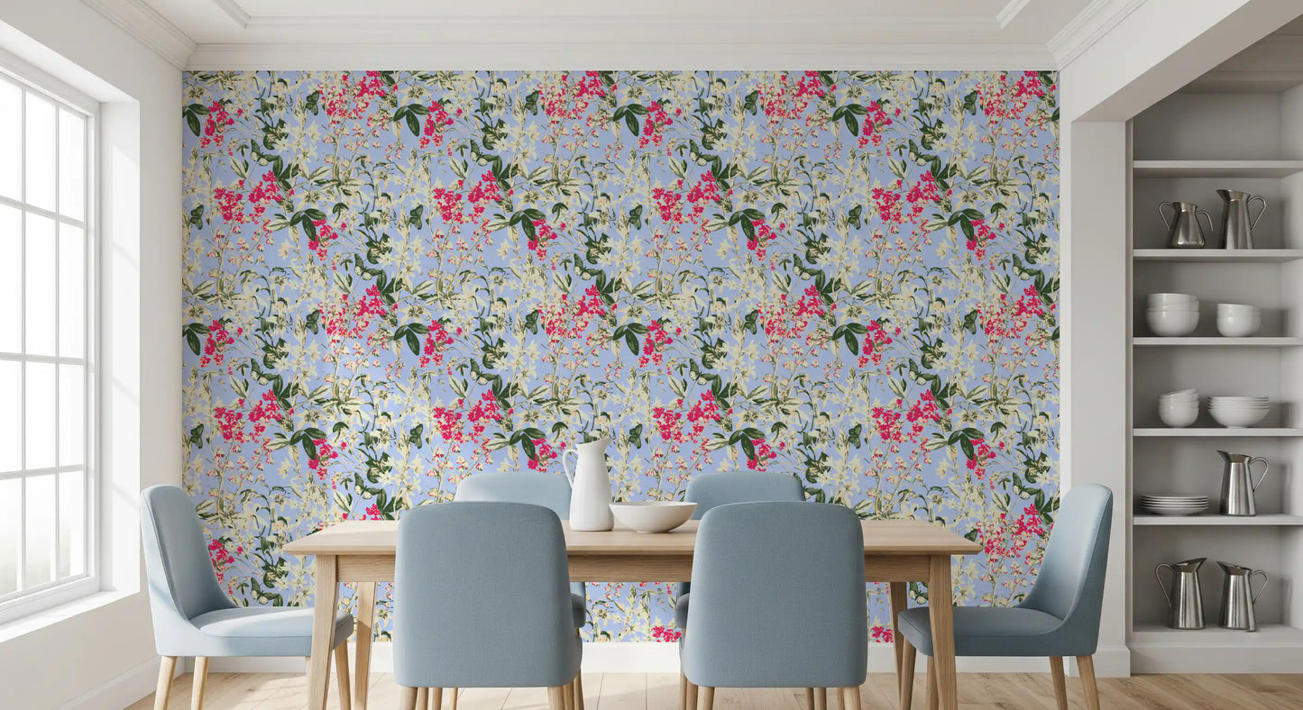 Levendig bloemenbehang met tuintafereel in een weide
