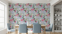 Levendig bloemenbehang met tuintafereel in een weide