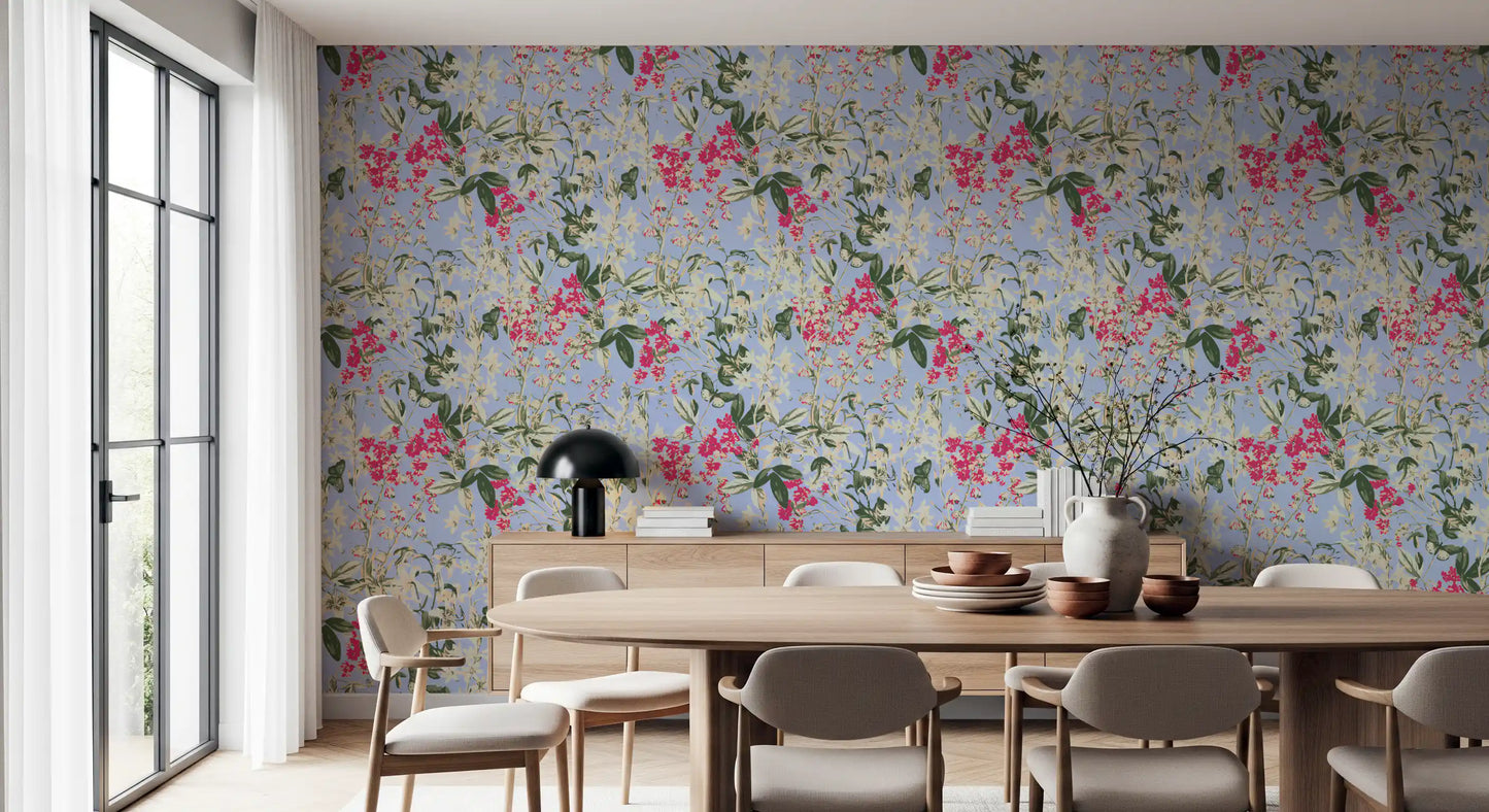 Levendig bloemenbehang met tuintafereel in een weide