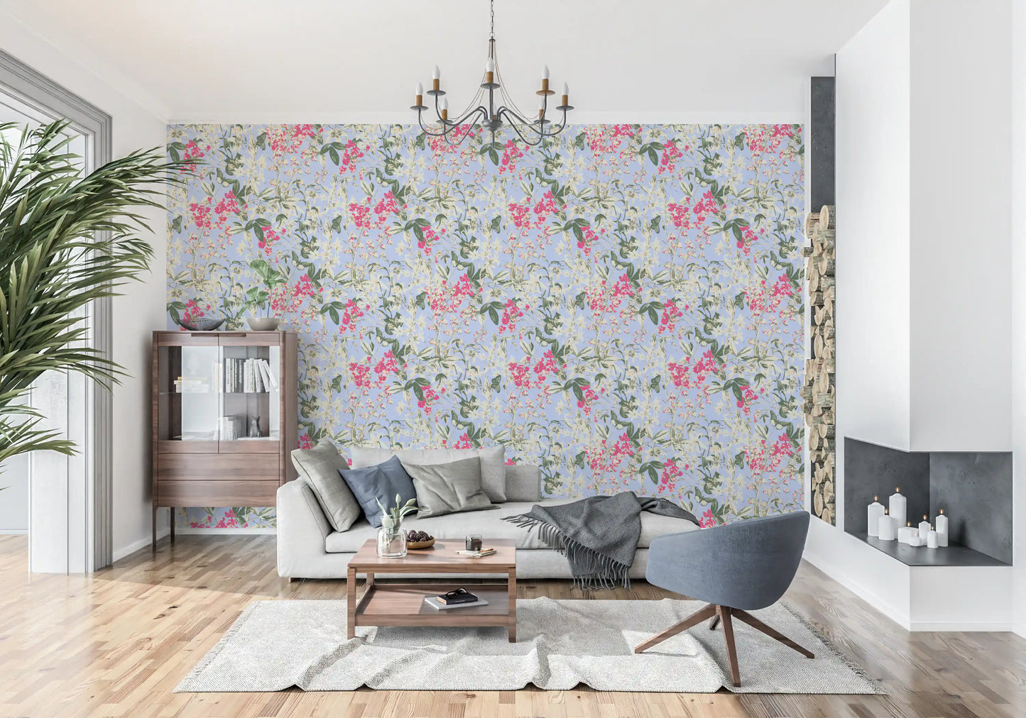 Levendig bloemenbehang met tuintafereel in een weide