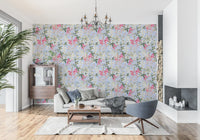 Levendig bloemenbehang met tuintafereel in een weide