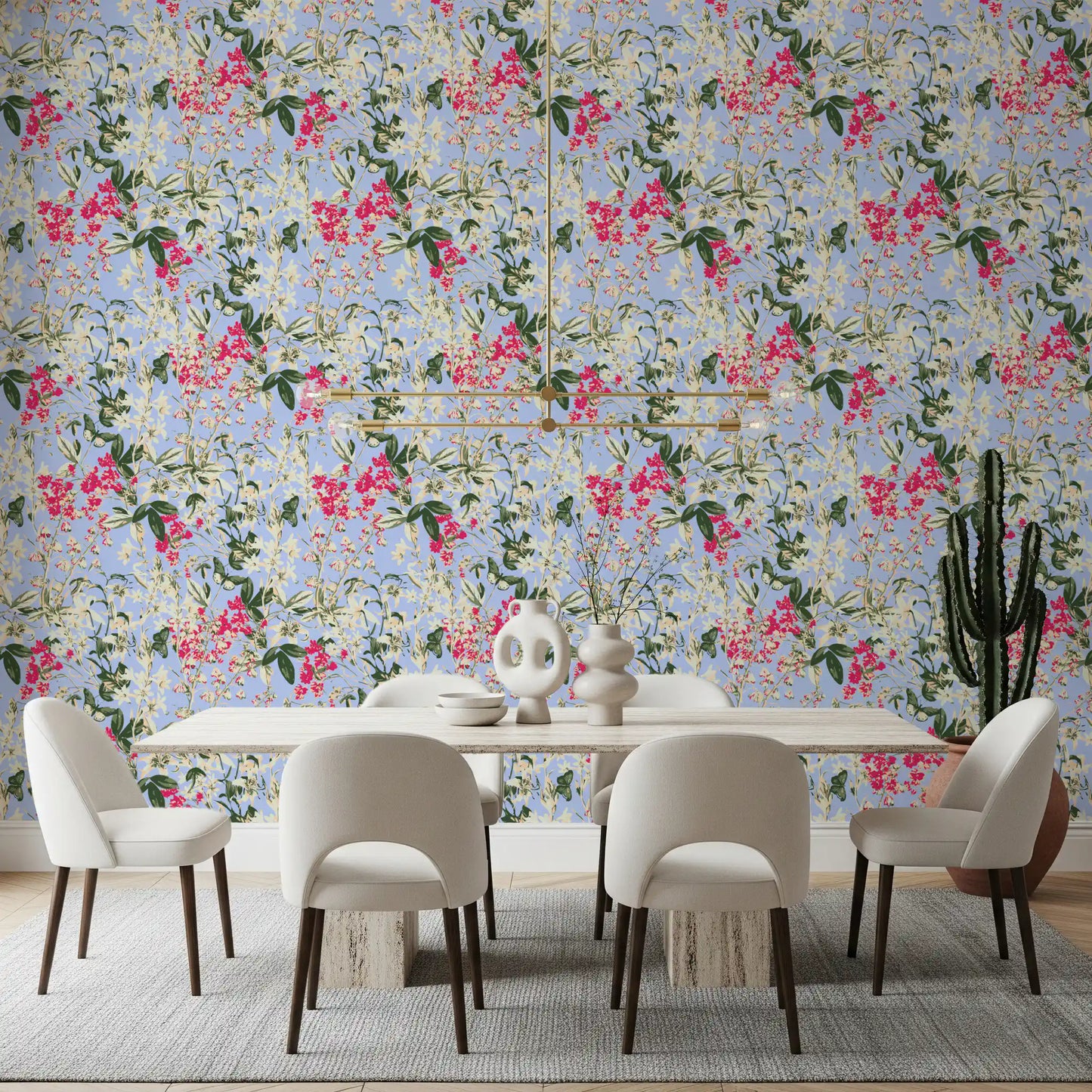 Levendig bloemenbehang met tuintafereel in een weide