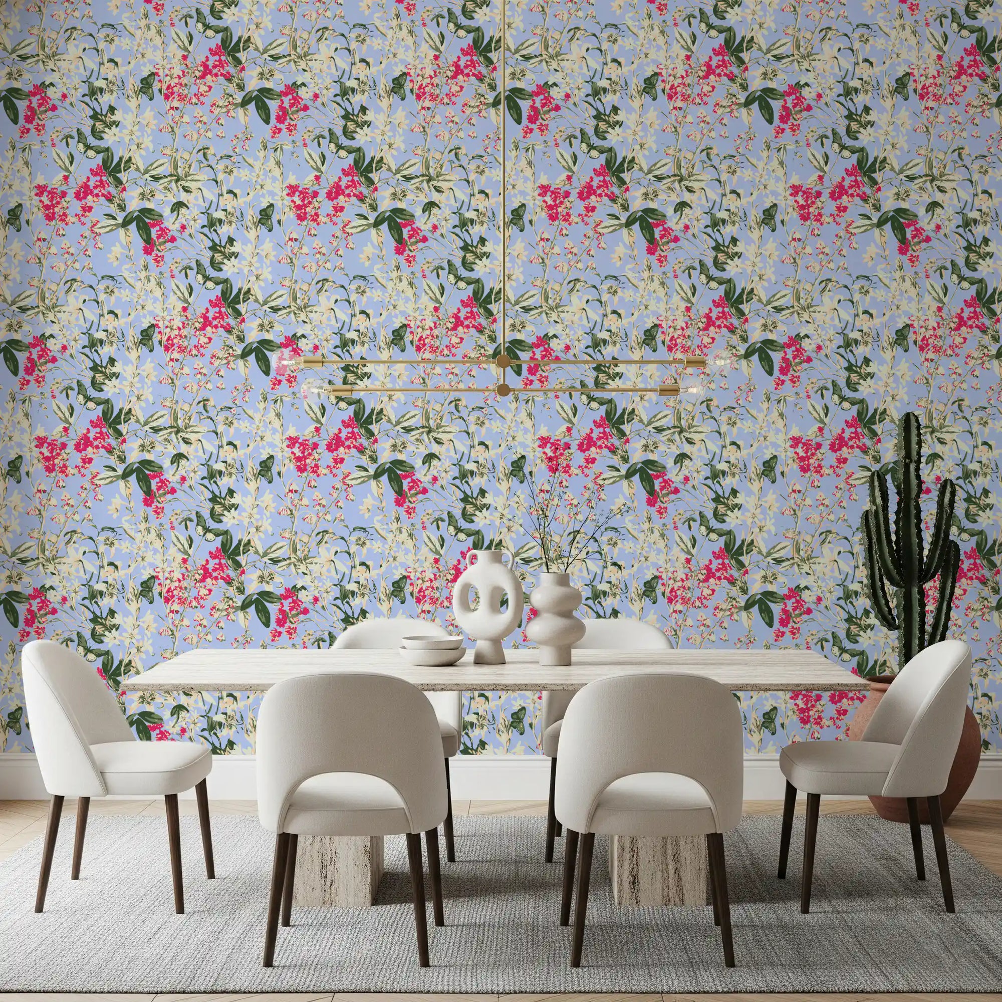 Levendig bloemenbehang met tuintafereel in een weide