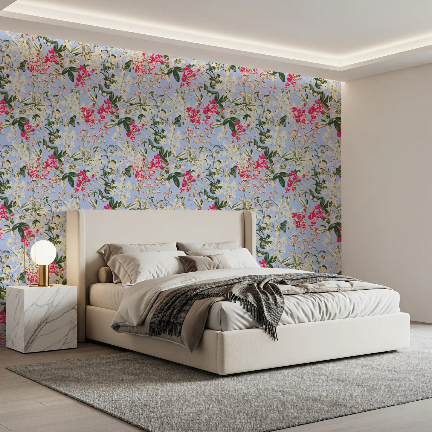 Levendig bloemenbehang met tuintafereel in een weide