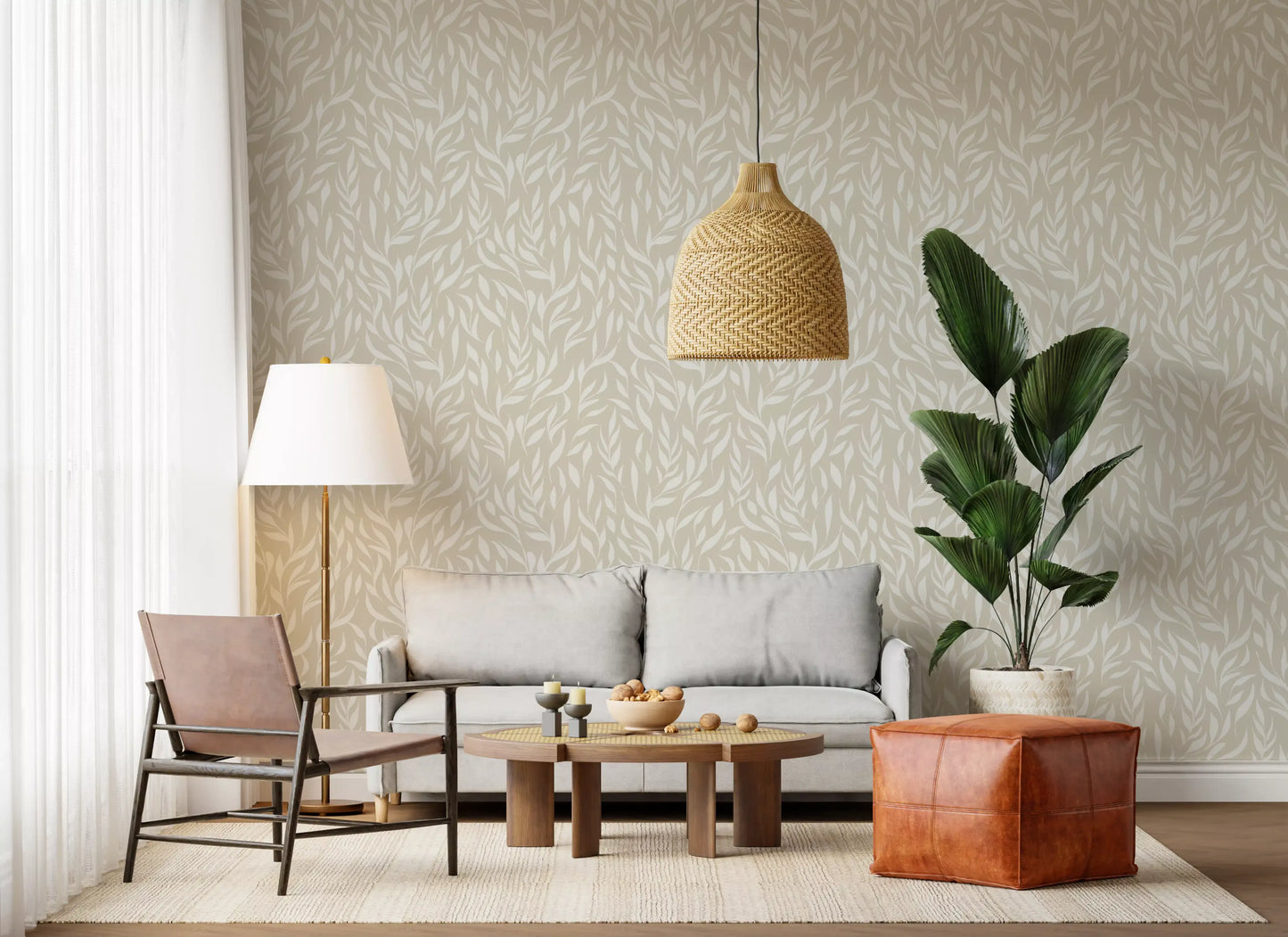Serene crèmekleurig behang met botanische bladeren