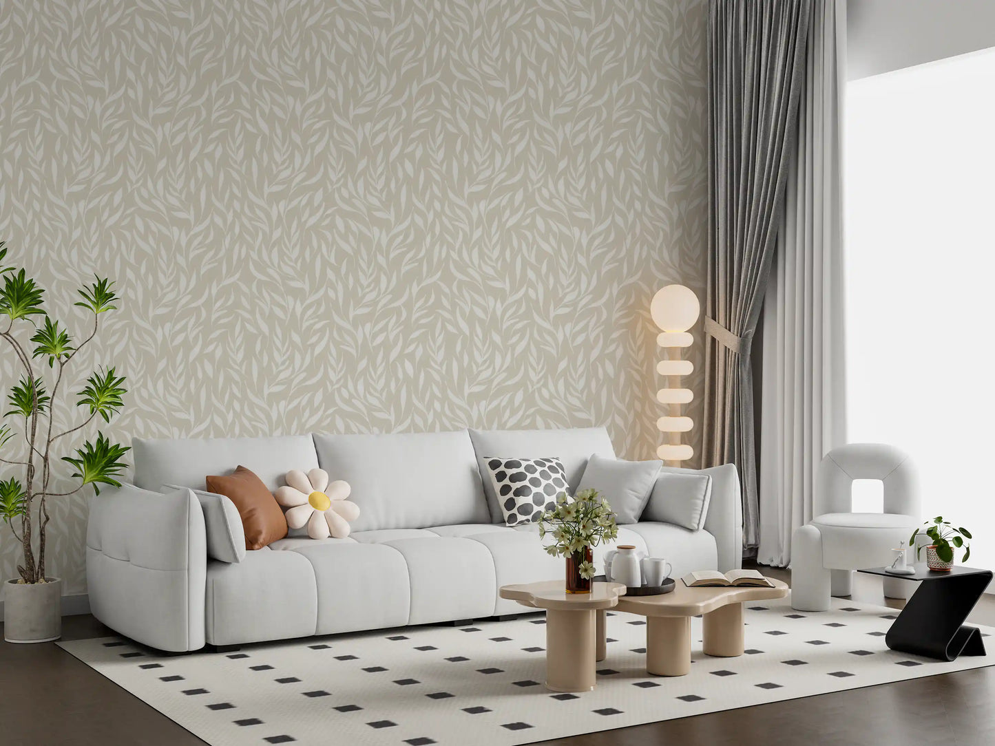 Serene crèmekleurig behang met botanische bladeren