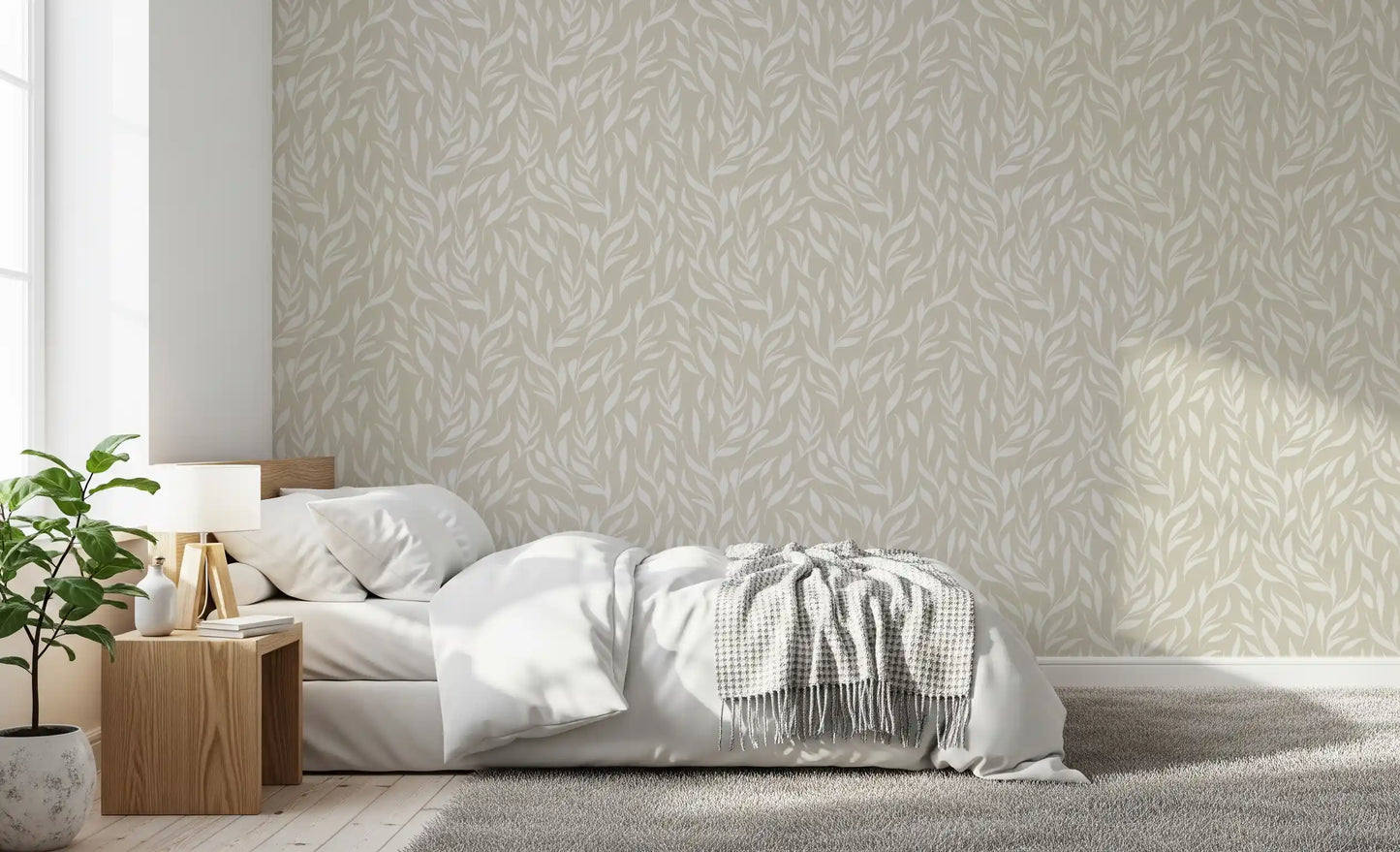 Serene crèmekleurig behang met botanische bladeren