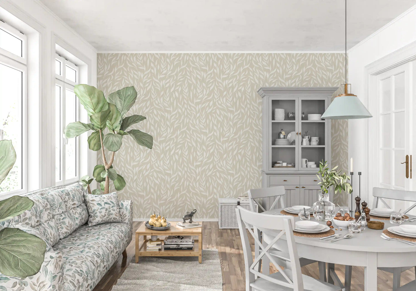 Serene crèmekleurig behang met botanische bladeren