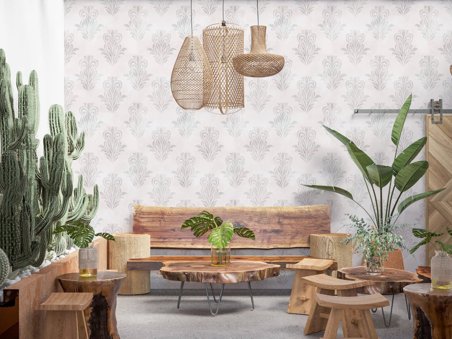 Tapet damasc gri minimalist, cu aspect periat