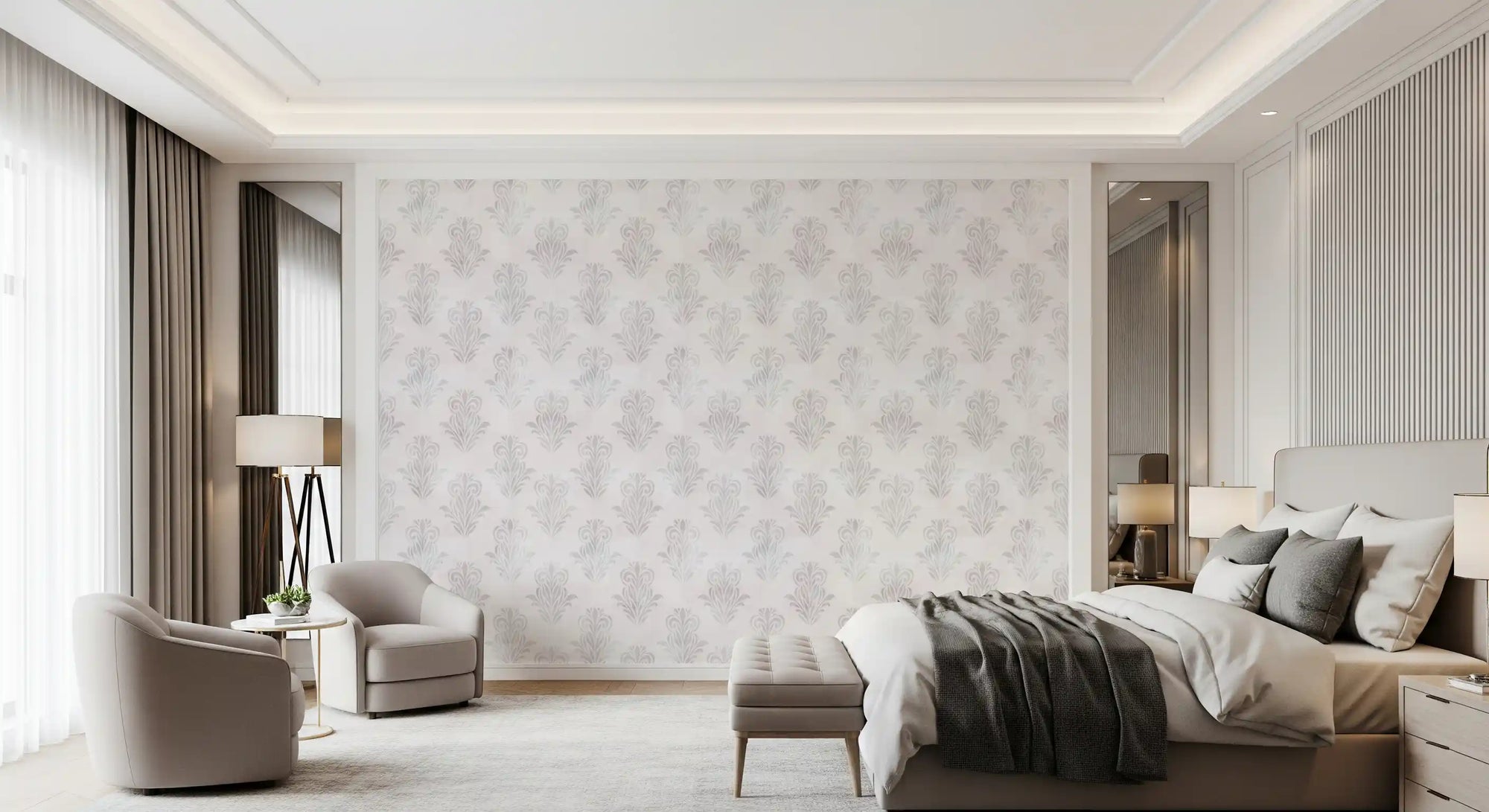 Grey brushed damask wallpaper in a bedroom with soft bedding and an armchair GD12493