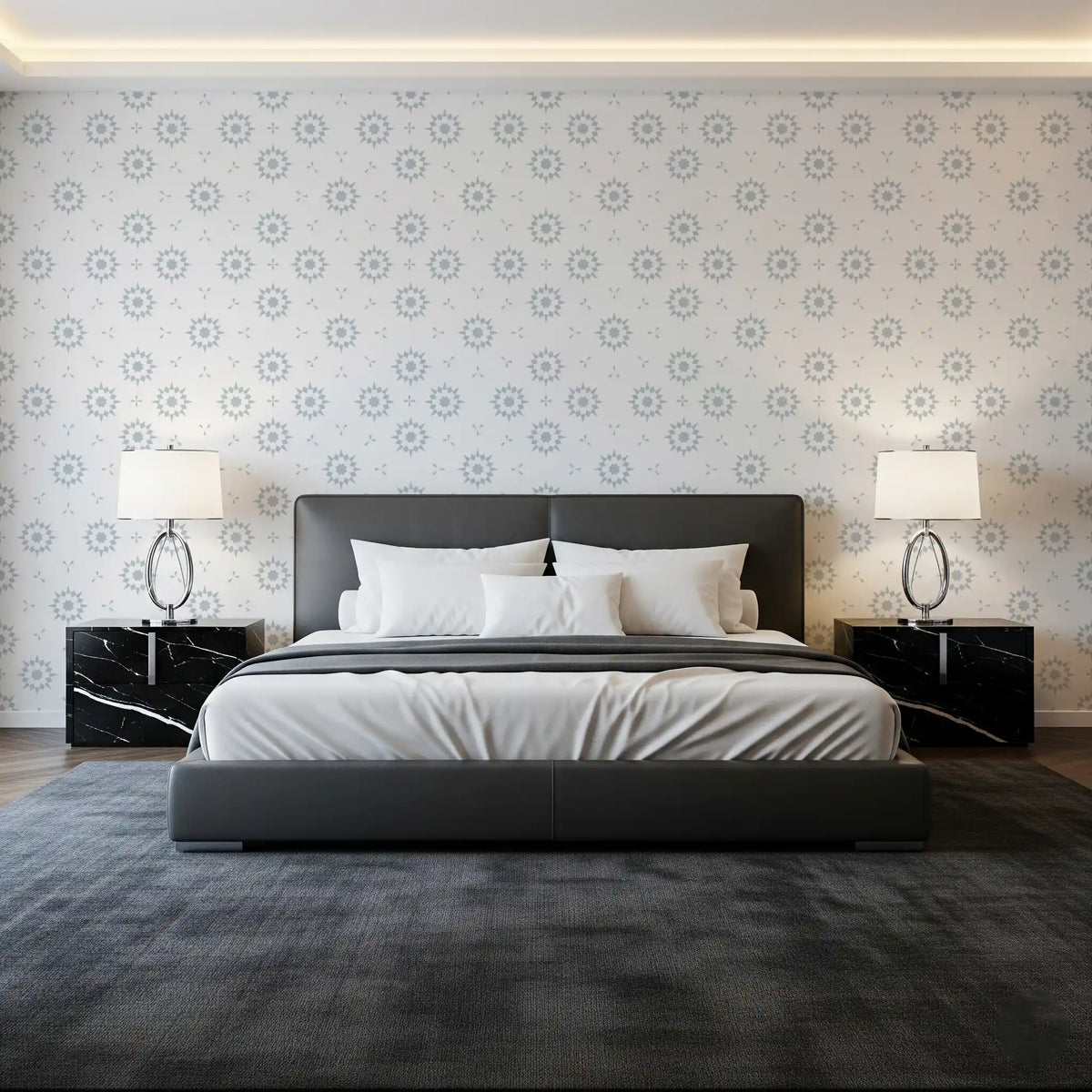 Nordic starburst grid wallpaper in a bedroom with a dark grey bed and lamps GD12496