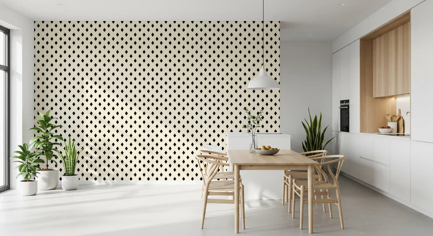 Papier peint minimaliste à motif de losanges noirs et crème en grille