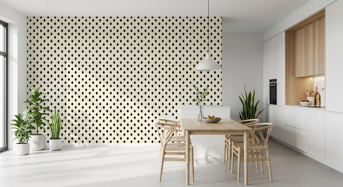 Diamond grid wallpaper in a kitchen diner with a wood table and wishbone chairs GD12501