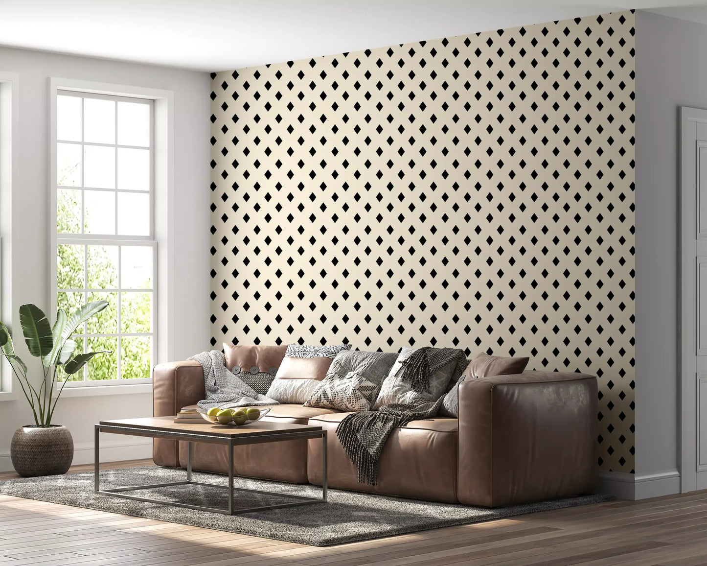 Papier peint minimaliste à motif de losanges noirs et crème en grille