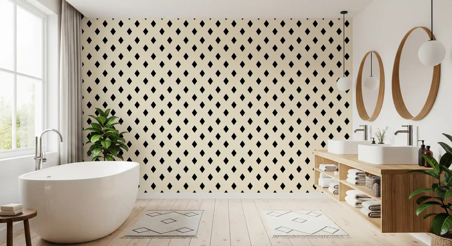 Papier peint minimaliste à motif de losanges noirs et crème en grille