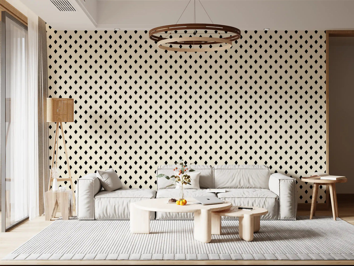 Papier peint minimaliste à motif de losanges noirs et crème en grille