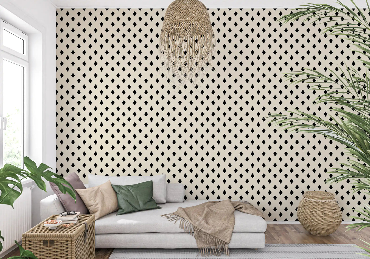 Papier peint minimaliste à motif de losanges noirs et crème en grille