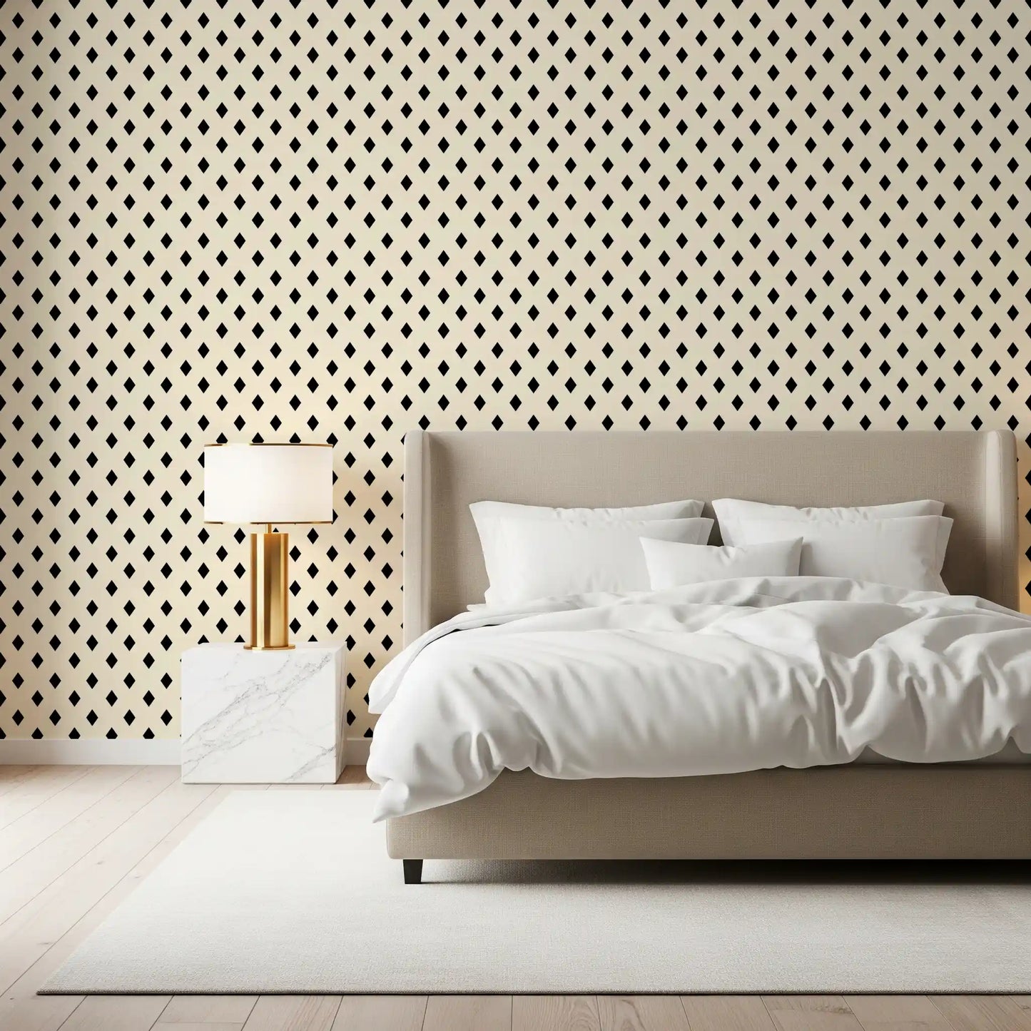Papier peint minimaliste à motif de losanges noirs et crème en grille