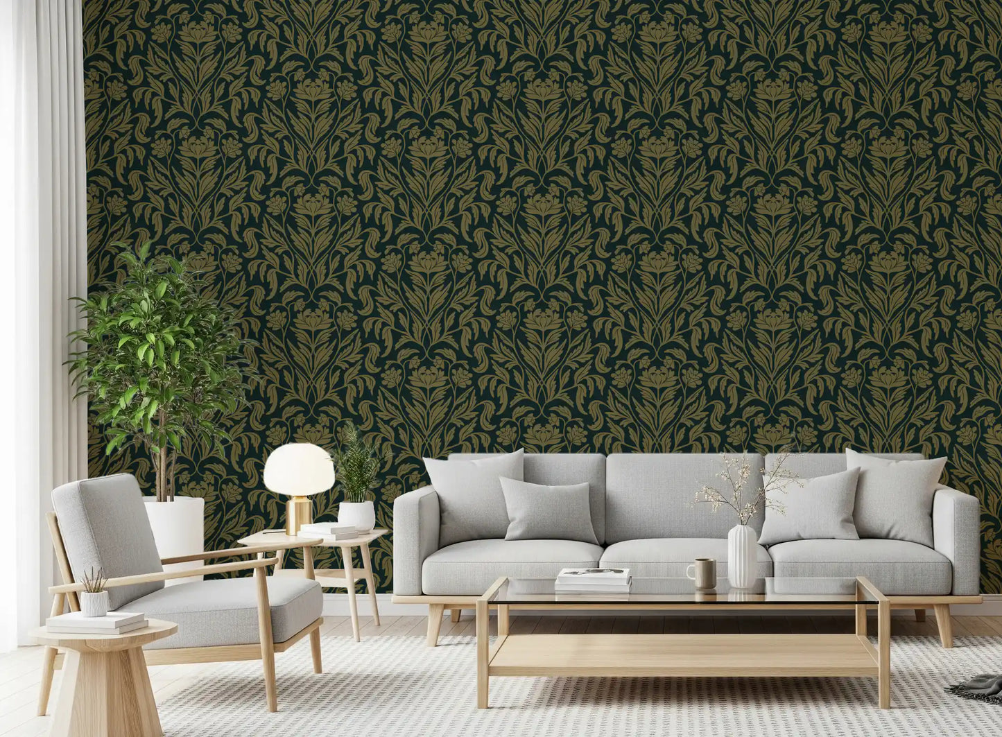 Papier peint botanique damassé vert ancien Art nouveau
