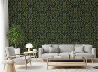 Papier peint botanique damassé vert ancien Art nouveau