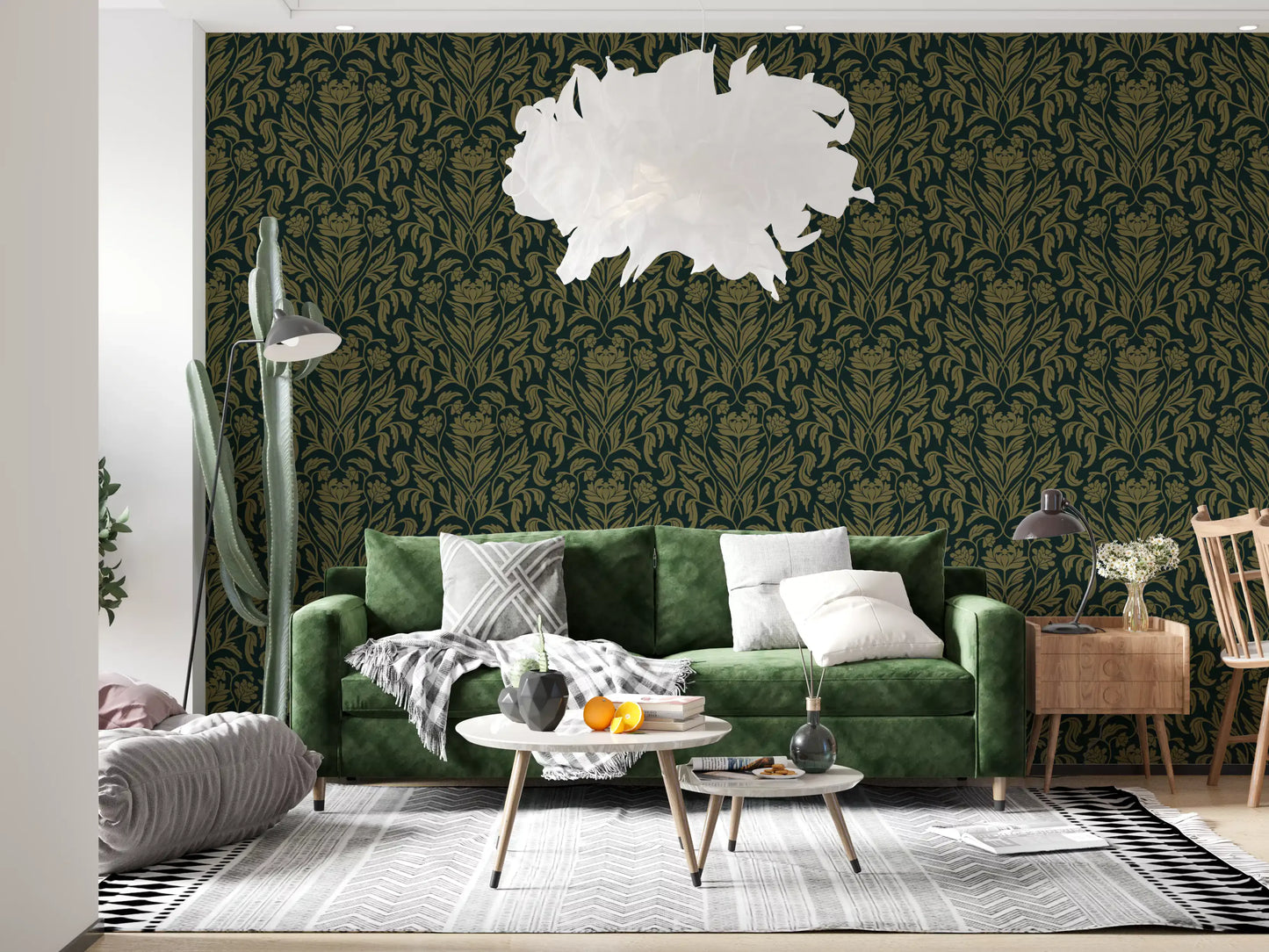 Papier peint botanique damassé vert ancien Art nouveau