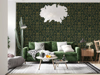 Papier peint botanique damassé vert ancien Art nouveau