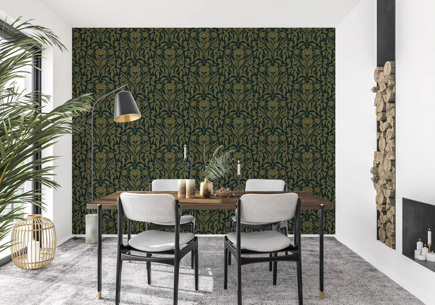 Papier peint botanique damassé vert ancien Art nouveau