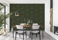 Papier peint botanique damassé vert ancien Art nouveau