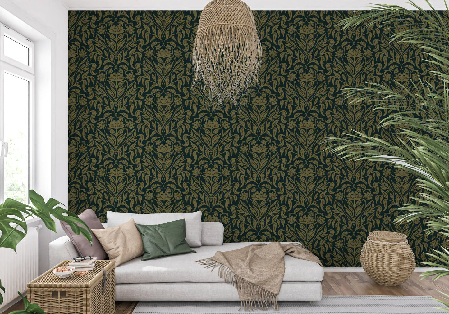 Papier peint botanique damassé vert ancien Art nouveau