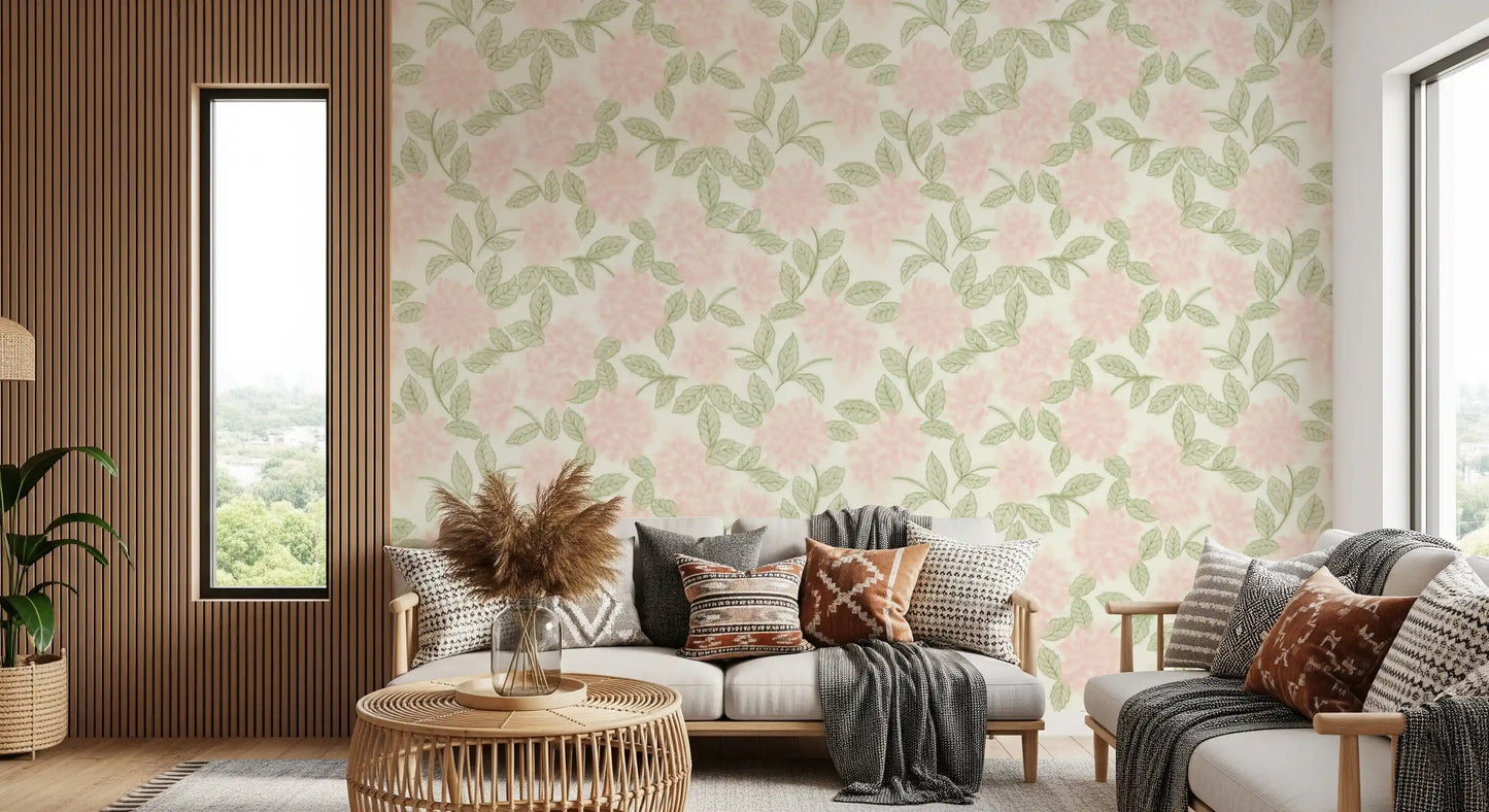 Blush Bloom botanisk skitsetapet